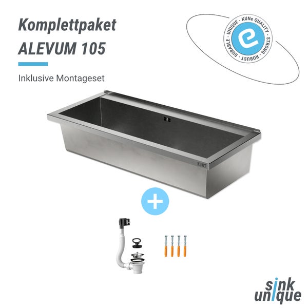 Edelstahlspüle ALEVUM 105 Komplettpaket inklusive Montageset, Ablaufgarnitur, KUNe Logo, sink unique Logo. Qualitätssiegel robust und langlebig.