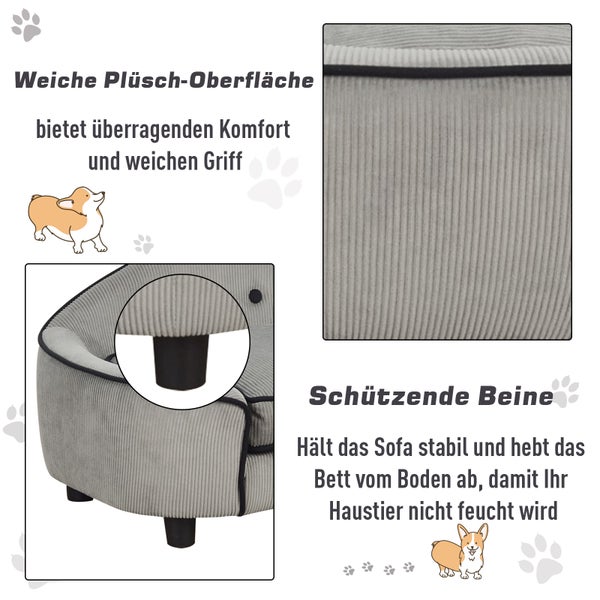 PawHut Haustiersofa, Hundebett, Hundematte, Hundesofa, Naturholz+Plüsch, Grau, 66,5 x 45 x 35,5 cm