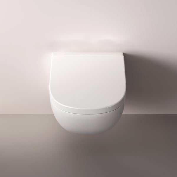 Wandtoilette aus Keramik mit geschlossenem Deckel in moderner Form, Draufsicht.