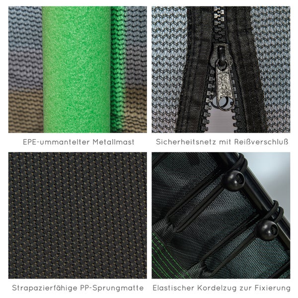 Detailansicht Trampolin: Metallmast mit EPE-Ummantelung, Sicherheitsnetz mit Reißverschluss, strapazierfähige PP-Sprungmatte und elastischer Kordelzug zur Fixierung