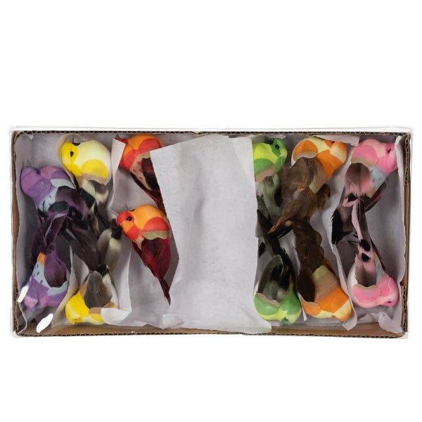 Set mit bunten Deko-Vögeln mit Federn, verpackt in einem Karton.
