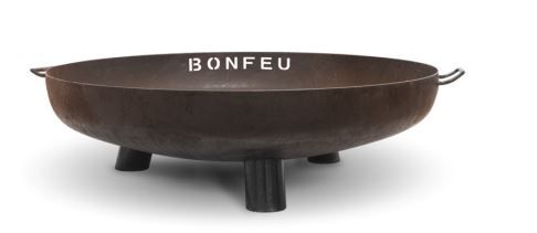 Runde Feuerschale aus Stahl in Rost-Optik mit drei Standfüßen, Tragegriffen und Bonfeu Logo.
