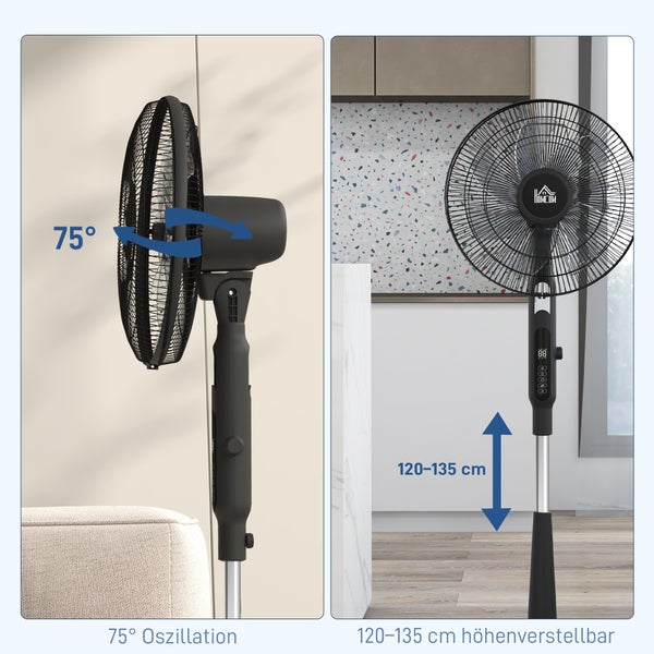 Schwarzer Standventilator mit 75 Grad Oszillation und einer einstellbaren Höhe von 120 bis 135 Zentimeter.