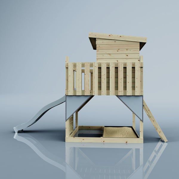 Spielturm aus Holz mit Pultdach, Rutsche, Kletterrampe und integriertem Sandkasten.