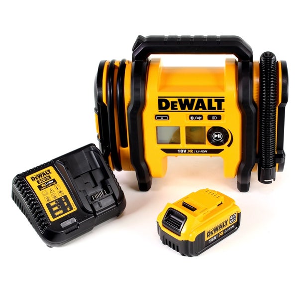 DeWalt 18V Akku-Kompressor im Set mit Ladegerät und 4,0 Ah Li-Ionen Akku.