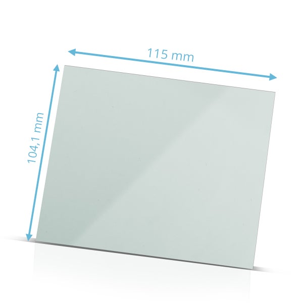 Ein rechteckiges Glas mit den Maßen 115 mm x 104,1 mm.