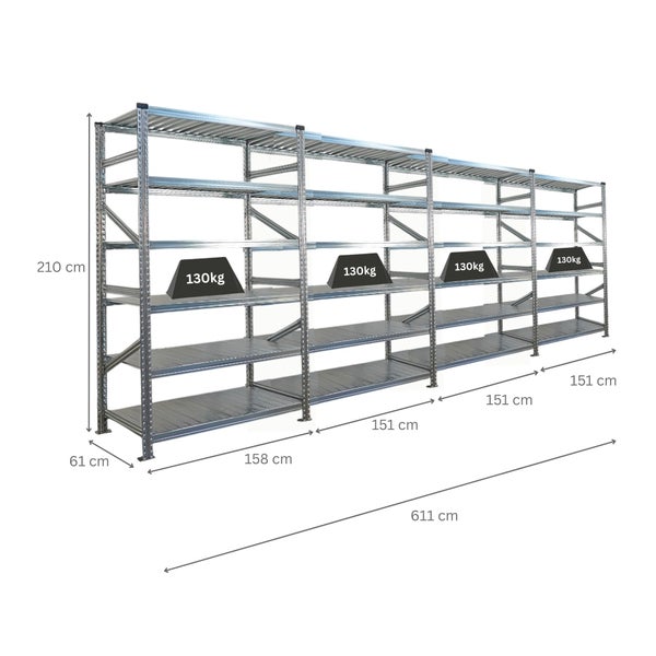 Regalsystem mit den Maßen 210 cm Höhe, 61 cm Tiefe und 611 cm Breite, Fachlast 130 kg
