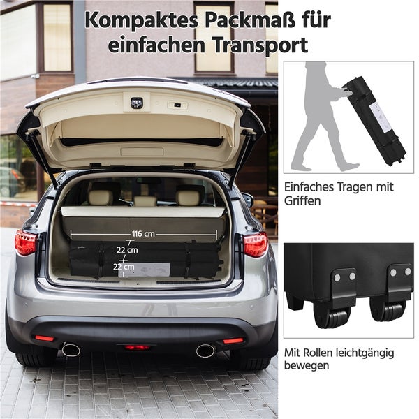 Kompakt verpacktes Lastenträger-Set mit Rollen und Griffen im Kofferraum eines Autos, mit Maßangaben.