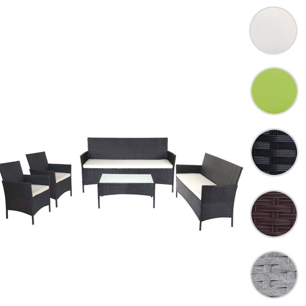Garten-Lounge-Set aus Polyrattan mit zwei Sesseln, einem 2-Sitzer-Sofa, einem 3-Sitzer-Sofa, einem Couchtisch und verschiedenen Farbmustern.