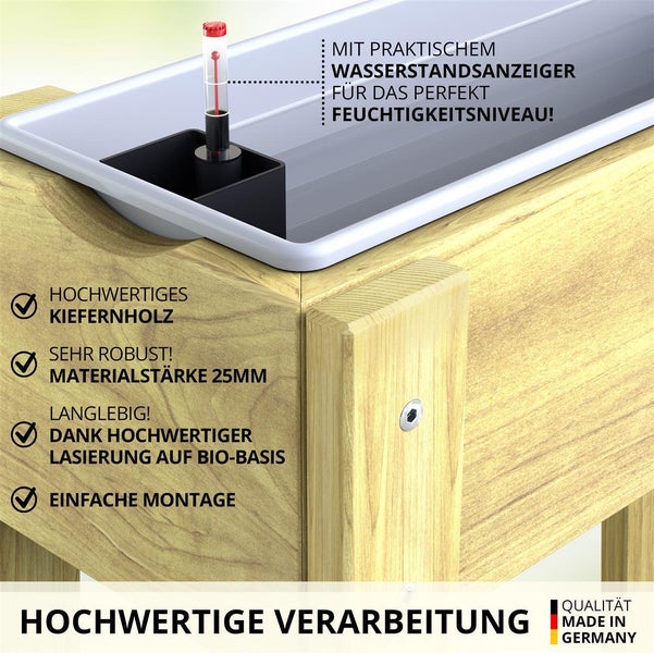 Hochbeet Kiefernholz mit Ablage Natur inklusive - 2 x 60 cm Einsätze - Wasserstandsanzeiger