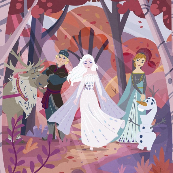 Szene mit den Charakteren aus Die Eiskönigin in einem herbstlichen Wald
