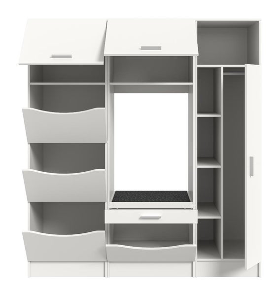 Garderobenset mit Schuhkippern, Sitzbank, Schublade und Kleiderschrank.