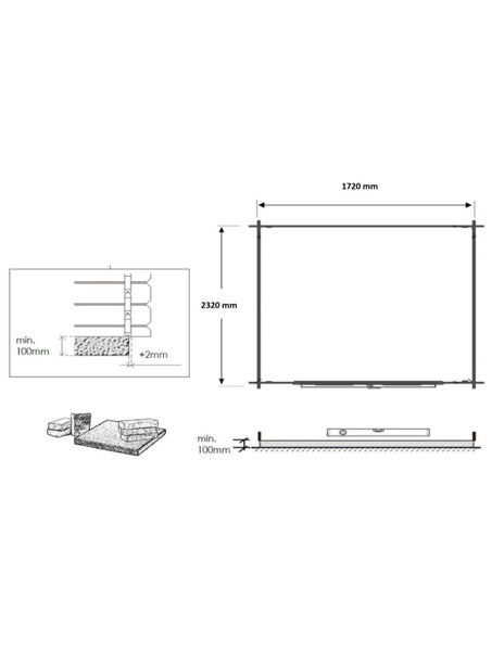 Technische Zeichnung mit Maßangaben 1720 Millimeter mal 2320 Millimeter für ein Fundament mit einer Mindesttiefe von 100 Millimeter.