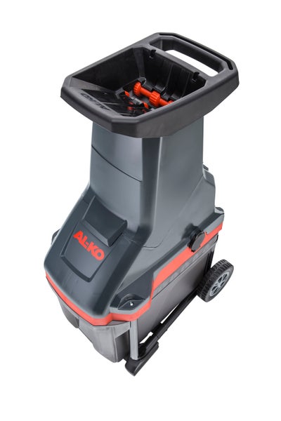 AL-KO Elektro-Häcksler mit Einfülltrichter, Transporträdern und Fangbox für Gartenabfälle.