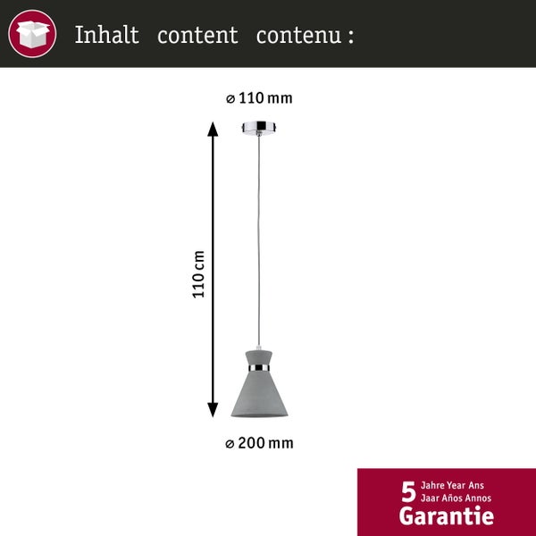 Pendelleuchte mit Maßen: Höhe 110 Zentimeter, Durchmesser 200 Millimeter, Baldachin Durchmesser 110 Millimeter, 5 Jahre Garantie.