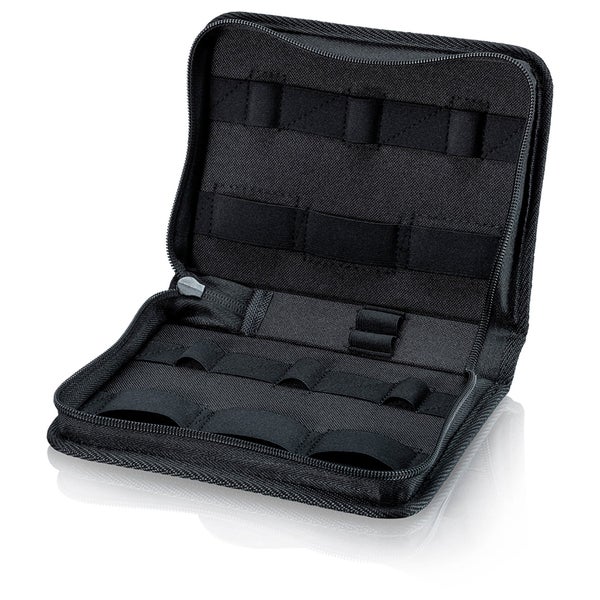 Schwarze Werkzeugtasche, geöffnet, mit Reißverschluss und elastischen Schlaufen zur Organisation.