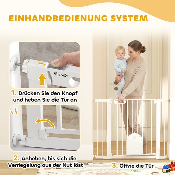 Einhandbedienung eines PawHut Schutzgitters in drei Schritten: Knopf drücken und anheben, Schloss entriegeln und Tür öffnen.