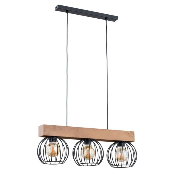Dreiflammige Pendelleuchte mit Holzbalken und drei runden Drahtkørben im Industrial Design.