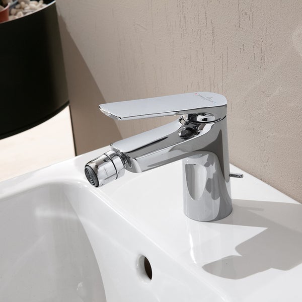 Villeroy & Boch Oasis Einhebel-Bidetarmatur, Bidet Wasserhahn mit Zugstange und Keramikkartusche, Bidetmischer wassersparend, Auslauf Höhe 73mm, rund, Chrom