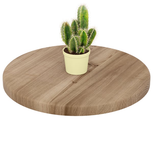 Rundes Wandboard aus Holz mit einem kleinen Kaktus in einem hellen Topf.