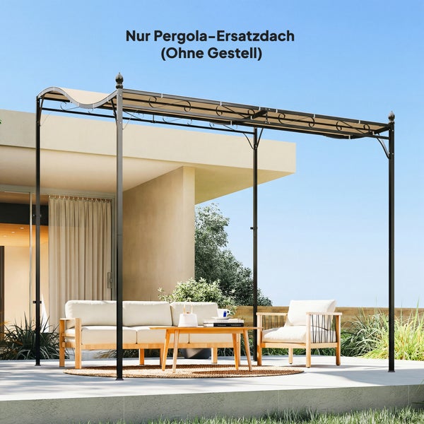 Ersatzdach für Pergola aus Textil auf einem Metallgestell über einer modernen Terrassensitzgruppe mit Holzmöbeln.