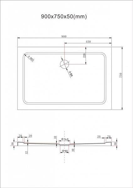Technische Zeichnung einer Duschwanne mit den Maßen 900x750x50 Millimeter.