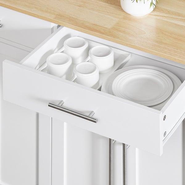 Küchenschrank mit Schublade, gefüllt mit Tassen und Tellern