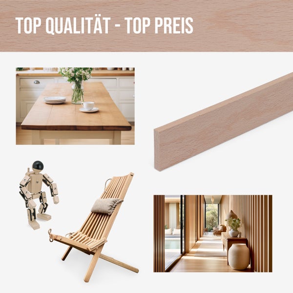 Produktcollage mit Möbeln und Holzelementen: Esstisch, Holzleiste, Holzstuhl mit Kissen, Holzfigur und Innenraum mit Holzverkleidung