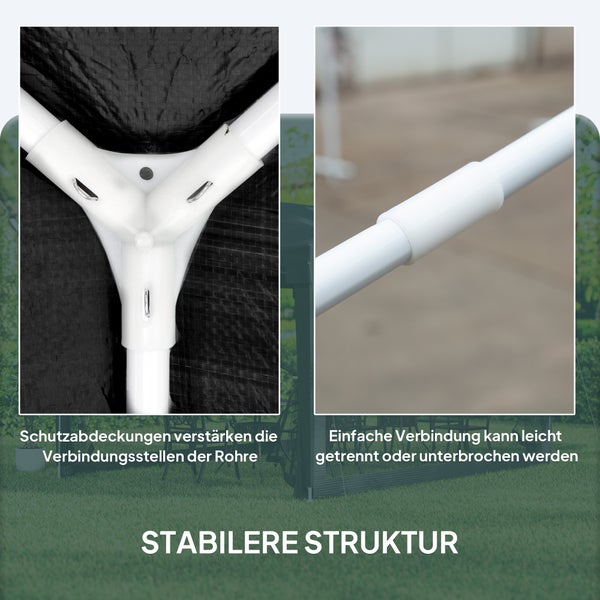 Detailansicht der stabilen Rahmenkonstruktion eines Pavillons mit verstärkten Eckverbindungen und einfach zu trennenden Rohrverbindungen.