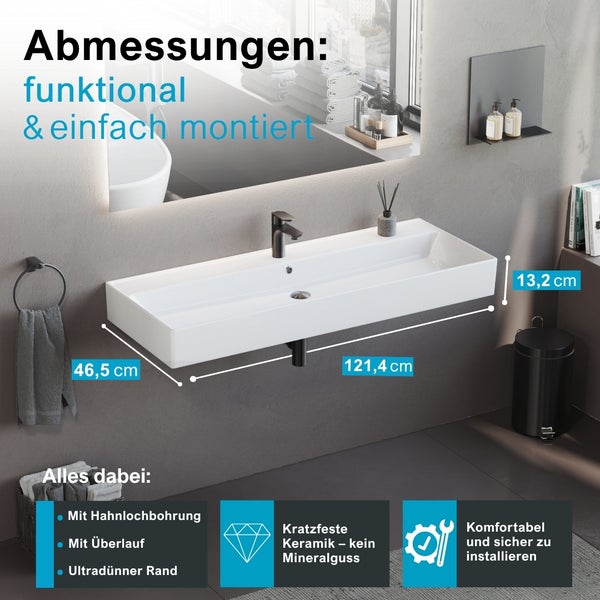 Waschtisch mit den Maßen 121,4 cm mal 46,5 cm mal 13,2 cm im Badezimmer.