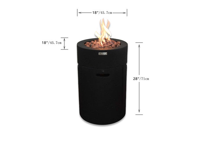 Modeno Gas-Feuersäule in Schwarz mit Lavasteinen und Modeno Logo. Maße: Höhe 71 Zentimeter, Breite 45,7 Zentimeter.