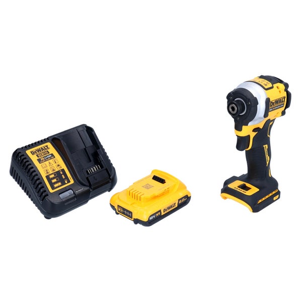 DeWALT Akku-Schlagschrauber Set mit 18 Volt bürstenlosem Motor, einem 2,0 Amperestunden Akku und Ladegerät.