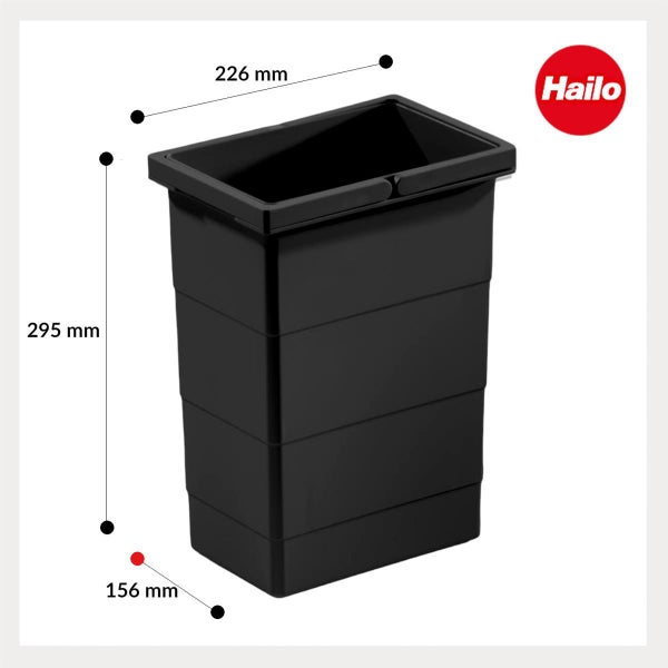 Hailo Mülleimer aus Kunststoff in Schwarz mit den Maßen 295 Millimeter Höhe, 226 Millimeter Breite und 156 Millimeter Tiefe sowie Hailo Logo.