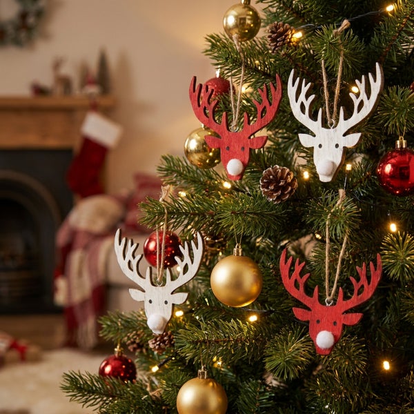 Weihnachtsbaum geschmückt mit hängenden Rentier-Anhängern aus Holz, Weihnachtskugeln und einer Lichterkette in einem wohnlichen Raum.