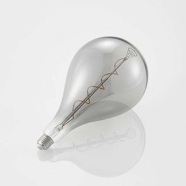 Große LED-Filament-Glühbirne in Birnenform mit spiralförmigem Leuchtdraht, E27-Sockel und rauchfarbenem Glas.