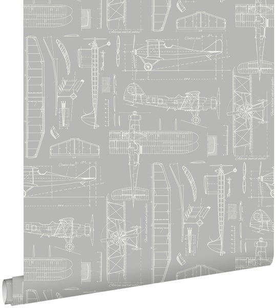 ESTAhome Tapete Kontruktionszeichnungen von Flugzeugen Taupe - 53 cm x 10,05 m - 128811
