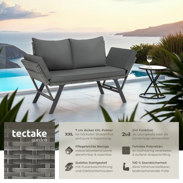 Rattan-Loungesofa tectake Sintra 157 x 61 x 89 cm 2in1 Funktion grau