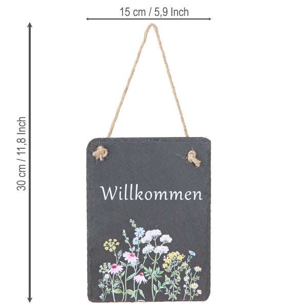 Dekoratives Schild aus Schiefer mit der Aufschrift Willkommen und Blumenmotiv, 30 x 15 cm