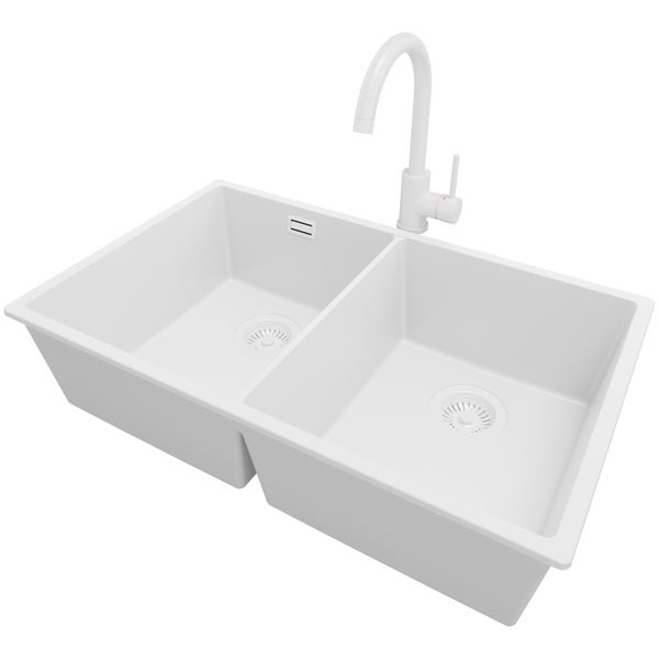 PRIMAGRAN Granitspüle Alles Weiß 76x47cm, Spülbecken 2 Becken + Küchenarmatur 32x20cm + Ablauf-Set, Küchenspüle ab 80er Unterschrank - London Slim Twin
