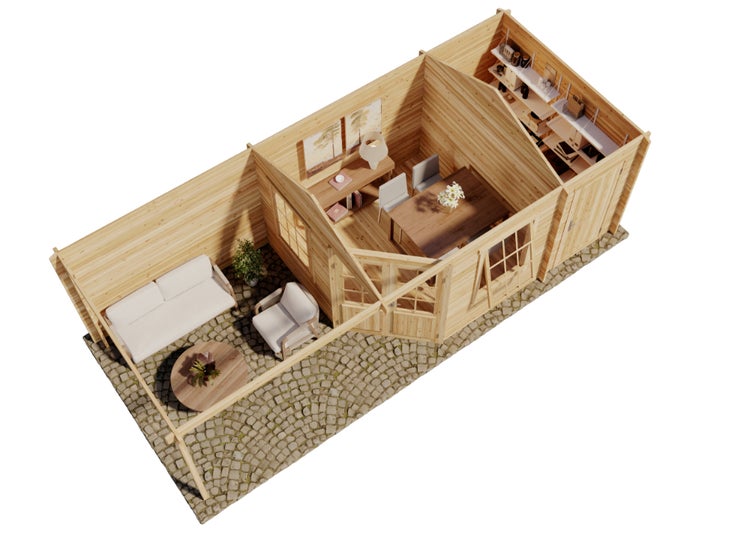 Holzgartenhaus mit überdachter Terrasse, Fenstern und Tür