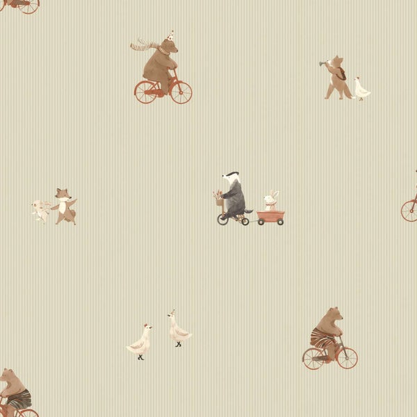 Kindertapete mit illustrierten Tieren auf Fahrrädern und in Begleitung von Gänsen und Hasen auf gestreiftem Untergrund für das Kinderzimmer