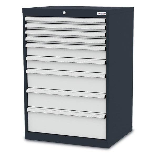 Werkzeugschrank aus Metall mit neun Schubladen in unterschiedlichen Höhen, Zentralverriegelung und Werkzeugstore24 Logo.