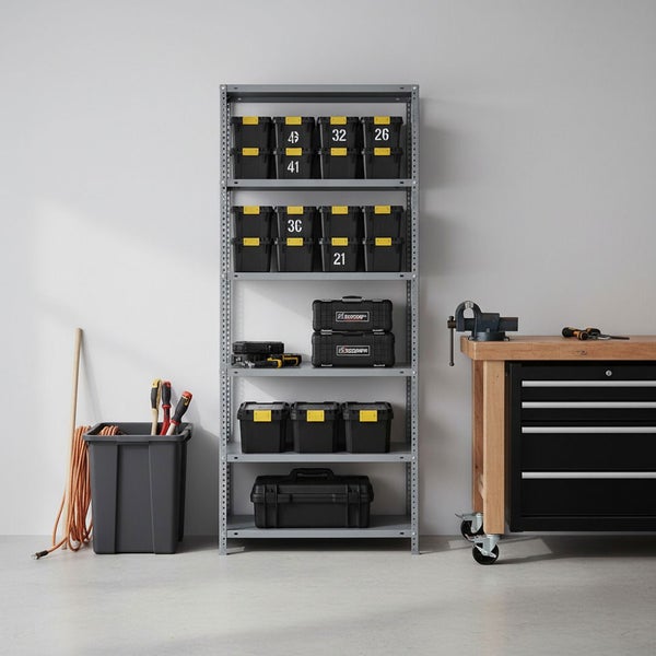 Organisierte Werkstatt mit grauem Metallregal, schwarzen Lagerboxen, einer Werkbank aus Holz und einem Werkzeugschrank mit Schraubstock.