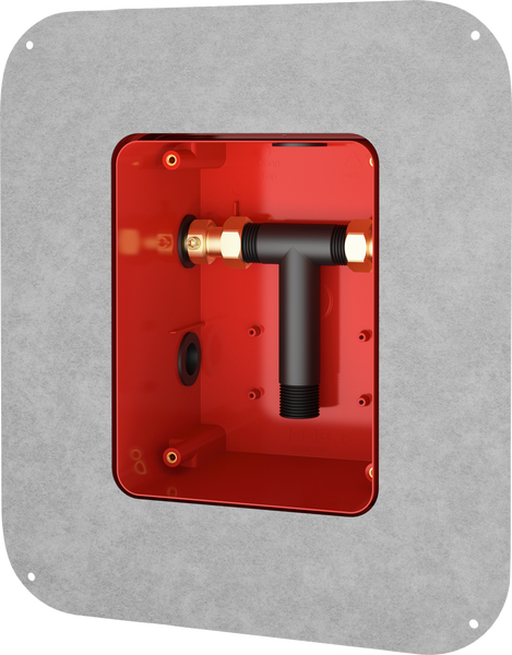 Roter Unterputz Einbaukörper für Armaturen mit schwarzem T-Stück Anschluss und grauer Dichtmanschette.