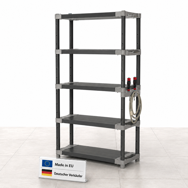 Kunststoffregal mit 5 Böden, integriertem Werkzeughalter und Schlauchhalterung. Hergestellt in der Europäischen Union.