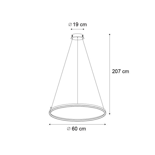 Abmessungen einer Hängeleuchte: Durchmesser 60 cm, Höhe 207 cm, Baldachindurchmesser 19 cm.
