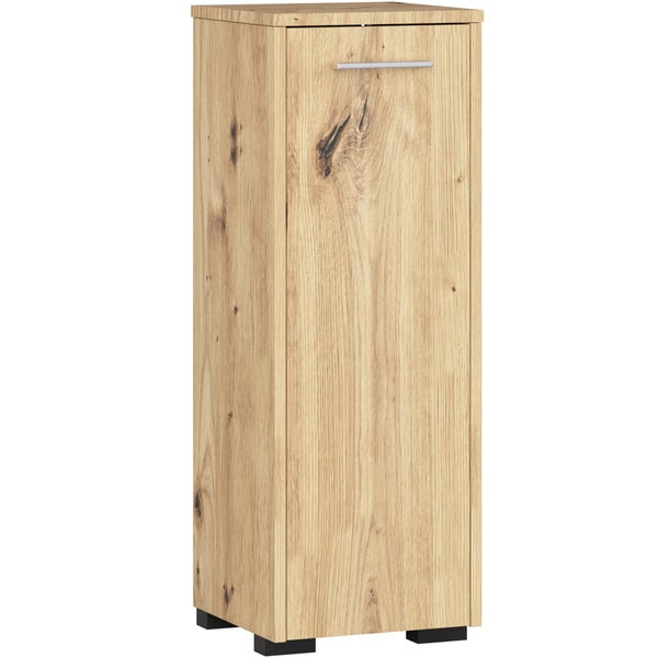 Hochschrank mit Tür und Griff in Holzoptik auf schwarzen Füßen