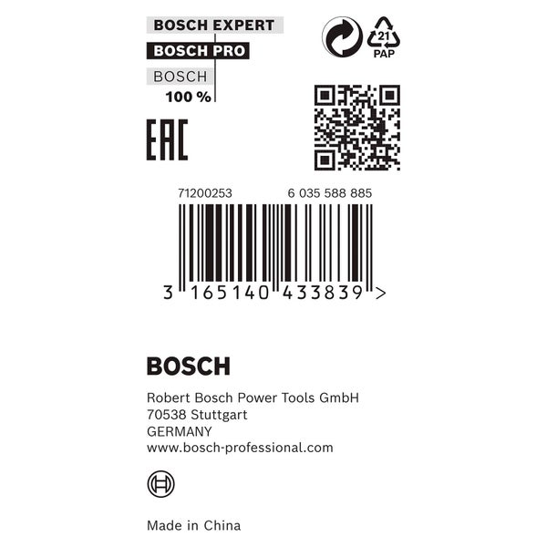 Bosch Expert Logo, Bosch Pro Logo, Bosch 100% Logo, EAC Zeichen, Recycling Symbol, QR-Code und Barcode
