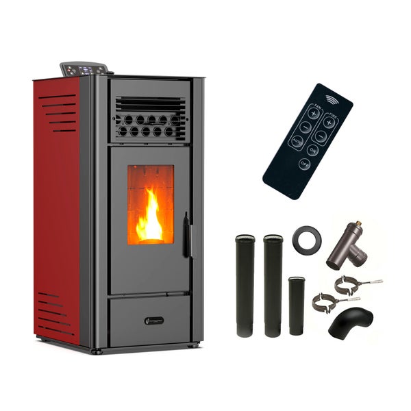 Luft- Pelletofen Anita 10 kW Sannover Bordeaux + Kaminbau-Anschluss-Set