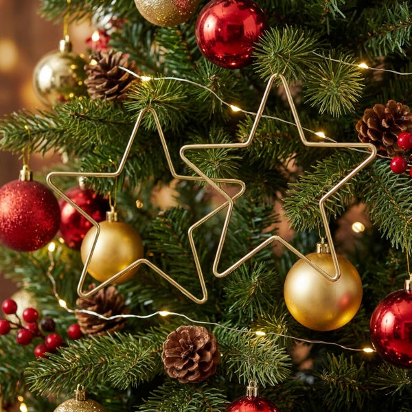 Weihnachtsbaum geschmückt mit Sternanhängern, glänzenden Kugeln, Kiefernzapfen und einer Lichterkette als festliche Dekoration.